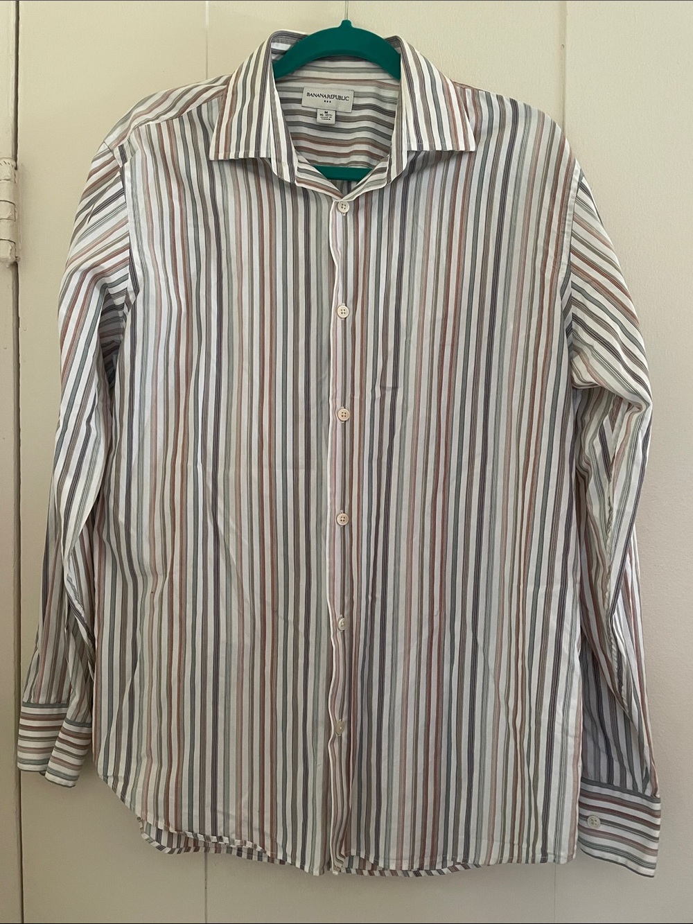 Banana Republic Men's Long-Sleeve Button-Up Stripe Shirt in White, Brown & Gray